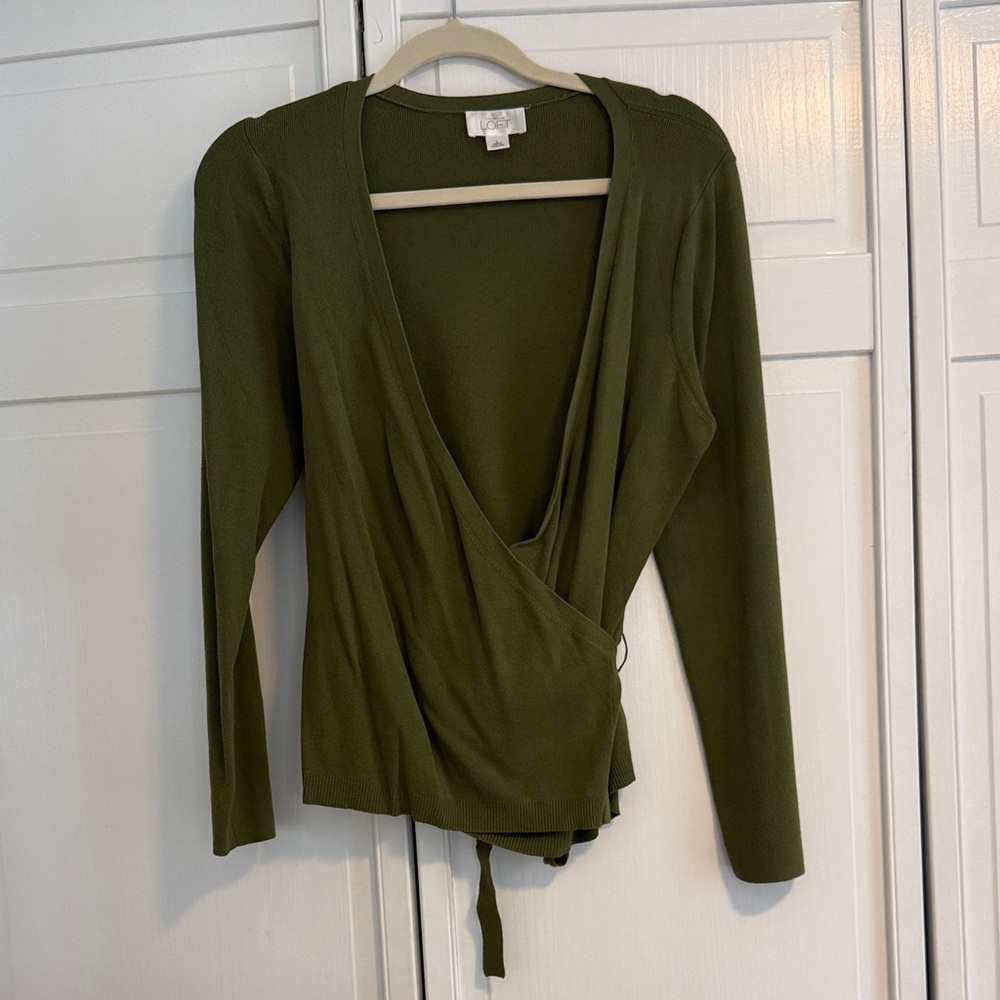 LOFT Olive Green Wrap Long-Sleeve Top